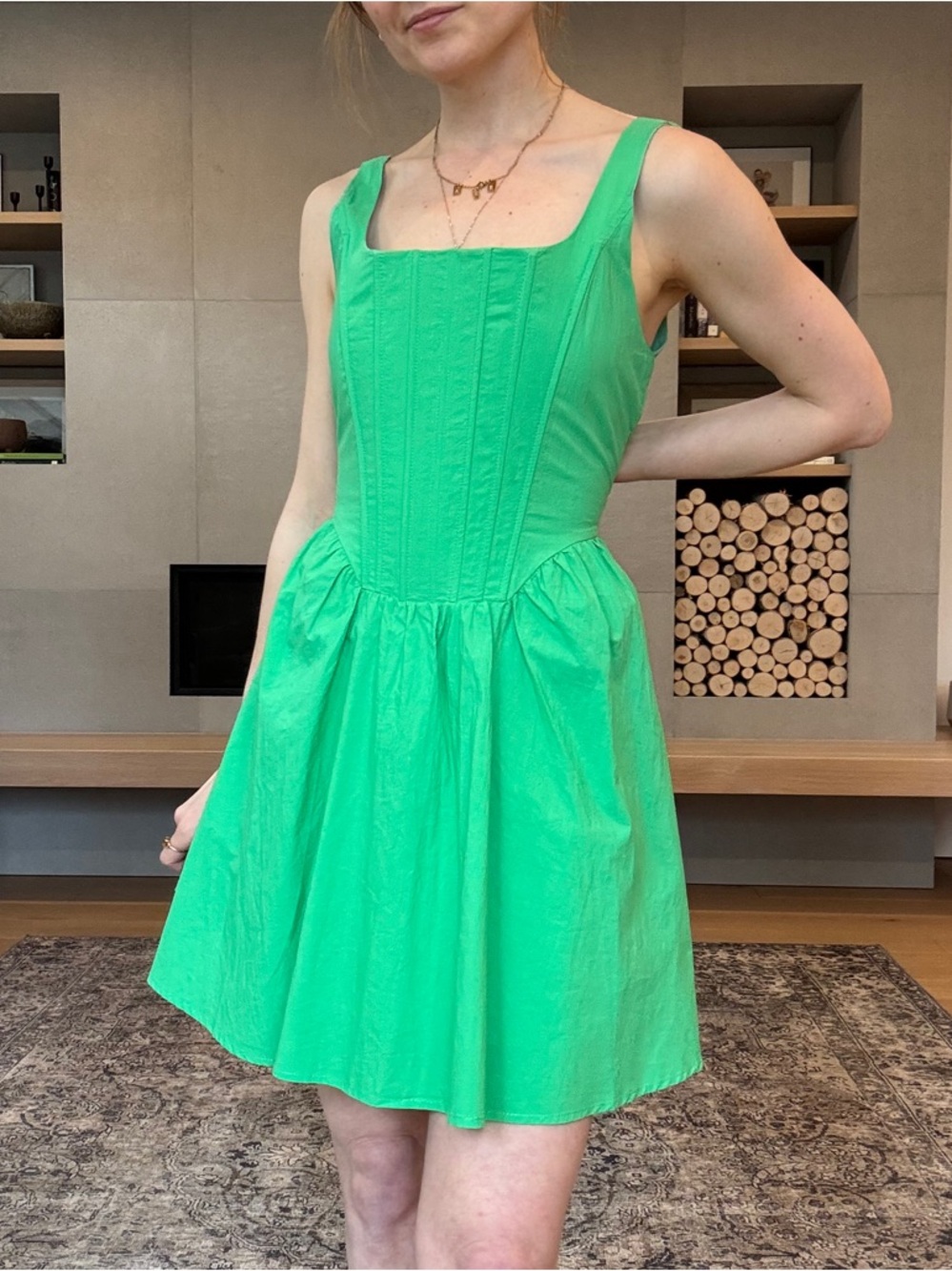 Papermoon 100% cotton corset dress Bright Green Square-Neck Mini Dress medium